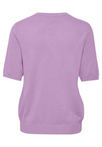 Maglione in maglia lavanda, maniche corte, scollo rotondo, texture morbida, vestibilità ampia, orlo e polsini a coste. Vista posteriore mostrata.