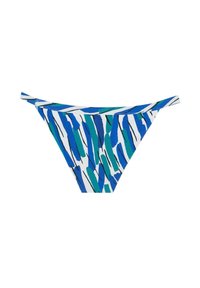 Parte inferior de bikini multicolor que presenta una base blanca con patrones abstractos de pinceladas en azul, verde azulado y negro. Tejido elástico con corte bajo.