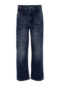 Donkerblauwe denim cargo broek met een relaxed fit, meerdere voor- en zijzakken, en een knoopsluiting met riemlussen.