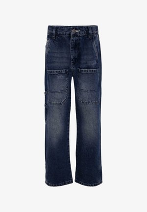 Pantaloni cargo in denim blu scuro con una vestibilità rilassata, numerose tasche frontali e laterali, e chiusura con bottone e passanti per cintura.