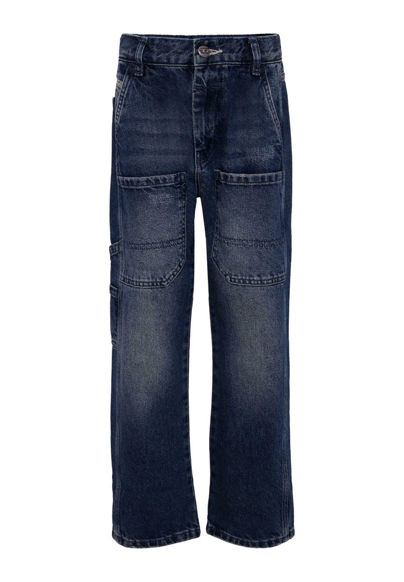Donkerblauwe denim cargo broek met een relaxed fit, meerdere voor- en zijzakken, en een knoopsluiting met riemlussen.