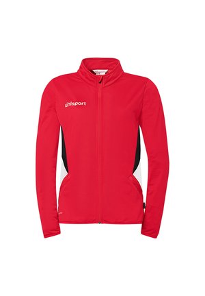 Rode sportjas met volledige ritssluiting, witte "uhlsport"-logo op de borst en zwart-witte zijpanelen, lange mouwen en een opstaande kraag.