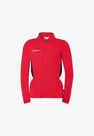 Veste de sport rouge à fermeture éclair intégrale avec logo "uhlsport" blanc sur la poitrine, panneaux latéraux noirs et blancs, manches longues et col montant.