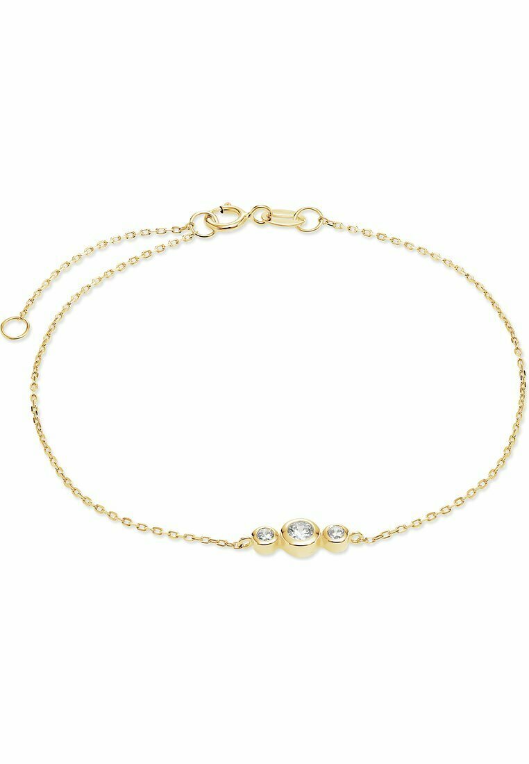 Delikat gul bracelet med en fin kedja och tre klara, runda ädelstenar infattade i en polerad guldförstärkning i mitten.