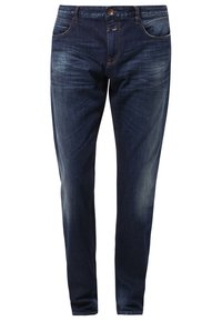 Tmavě modré džíny z denimu s přímým střihem, vybavené předními kapsami, vybledlými oblastmi pro texturu a klasickým zapínáním na knoflíky.