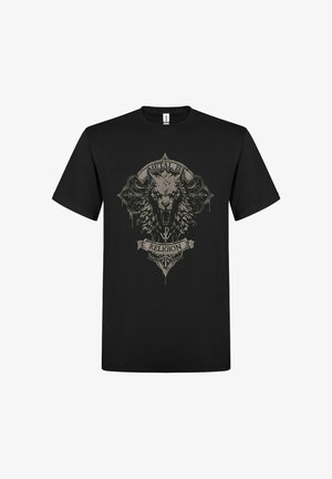 Camiseta de algodón negra con un gran gráfico de un lobo rugiente y el texto "METAL IS RELIGION" en un estilo desgastado.
