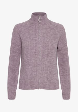 Lichtpaarse gebreide zip-up trui met hoge kraag, zilveren rits en twee voorzakken. Heeft een gestructureerde, zachte uitstraling.
