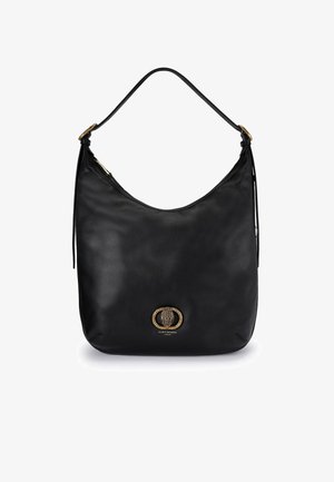 Borsa hobo in pelle nera con una forma curva, con un dettaglio del logo in tonalità oro sulla parte frontale e una sola tracolla. Texture liscia.