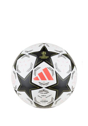 Balle de football blanche avec un motif d'étoile noir et rouge, présentant le logo "Champions League" et la marque "Adidas", taille 5, surface texturée.
