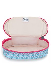 Custodia Kipling con esterno blu caratterizzato da un motivo a catena e una chiusura lampo rosa. L'interno è in tessuto beige, con superficie liscia e forma ovale.