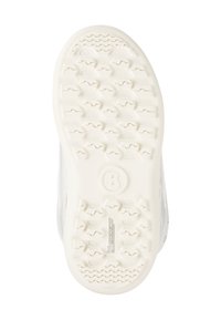 Biała podeszwa sneakersa z fakturowanym gumowym wzorem z sześciokątnymi wypustkami, płaskim designem oraz okrągłym logo na środku.