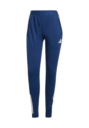 Marineblauwe sportbroeken van rekbaar materiaal, met witte zijkanten en een elastische tailleband, voorzien van zijzakken.