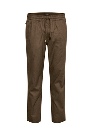 Pantaloni di lino marroni con vita elastica e cordino, caratterizzati da un design a gamba dritta e una texture liscia.