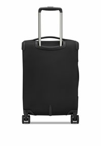 Valigia nera con ruote, dalla superficie testurizzata, manico estraibile e ruote scorrevoli. Design minimalista senza ulteriori accenti.