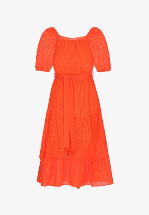 Oranžinė midi suknelė su pūsta rankovėmis, aklų raštu, prigludusia liemens dalimi ir juostos užrišimu. Platėjanti sijono dalis suteikia apimties ir judesio. Lengvas audinys.