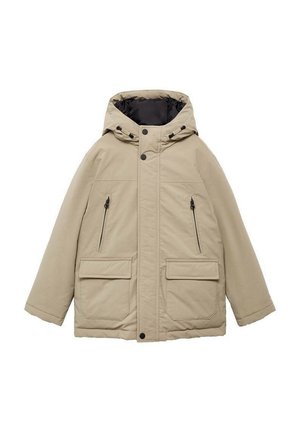 Beige insulated jacket with a hood, zippered side pockets, and large front patch pockets. Features snap buttons and a contrasting interior.