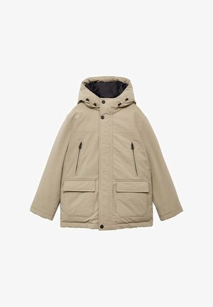 Beige insulated jacket with a hood, zippered side pockets, and large front patch pockets. Features snap buttons and a contrasting interior.