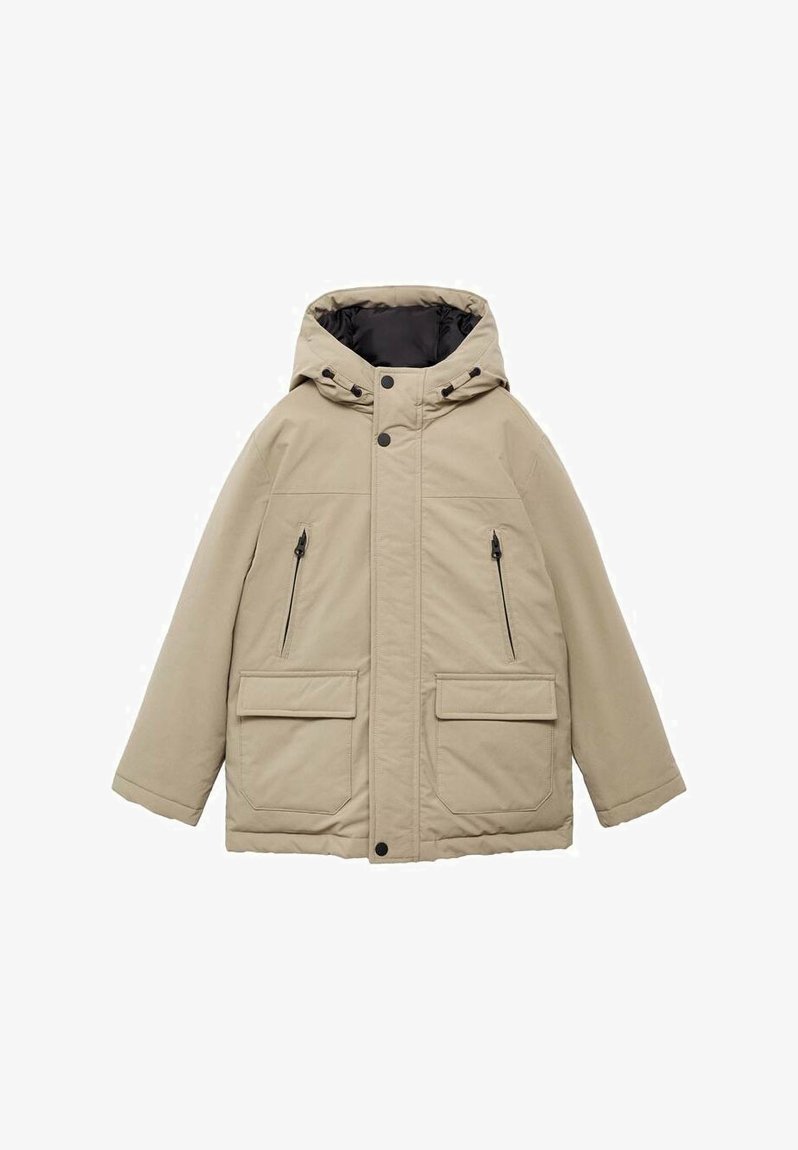 Béžová zateplená bunda s kapucňou, so zipsovými bočnými vreckami a veľkými prednými nášivkovými vreckami. Obsahuje cvoky a kontrastnú podšívku.