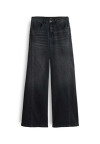 Jeans en denim noir à jambe large avec une finition délavée, featuring une fermeture à bouton et à glissière, deux poches avant et un ourlet brut en bas.