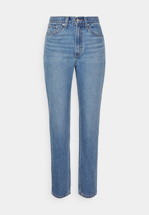 Jeans azzurri con vita alta, design dritto e leggera scoloritura. Stile classico a cinque tasche con chiusura a bottone metallico e zip.