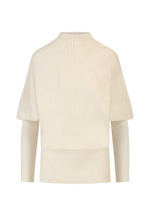Suéter de punto acanalado de color crema con cuello alto, mangas cortas de globo y dobladillo entallado. Tela texturizada con un acabado suave.