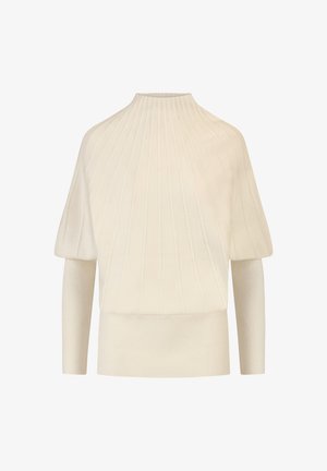 Cremfarbener gerippter Strickpullover mit hohem Kragen, kurzen Puffärmel und körpernahem Saum. Texturiertes Material mit weicher Oberfläche.