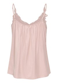Light pink camisole made of soft fabric, featuring thin straps and lace detailing along the neckline, with a loose, flowing silhouette.