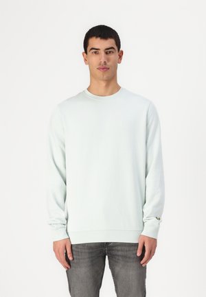 Jasnoniebieski sweatshirt z okrągłym dekoltem i długim rękawem, wykonany z miękkiego materiału. Posiada małe wytłoczone logo na piersi oraz ściągacze na rękawach.
