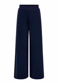 Pantalons navy à jambes larges avec une texture en tricot doux, une taille élastique et une coupe ample, conçus pour le confort et la liberté de mouvement.