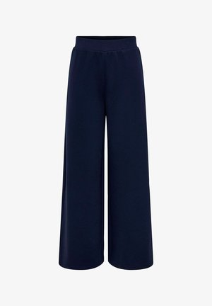 Marina vida byxor med en mjuk stickad textur, ett elastiskt midjeband och en avslappnad passform, designade för komfort och rörelsefrihet.