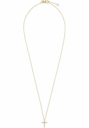 Goldene Halskette mit einer dünnen Kette und einem kleinen Kreuzanhänger, der klare Akzente aufweist. Die Kette hat einen Karabinerhaken und eine verstellbare Länge.