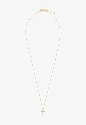 Goldene Halskette mit einer dünnen Kette und einem kleinen Kreuzanhänger, der klare Akzente aufweist. Die Kette hat einen Karabinerhaken und eine verstellbare Länge.