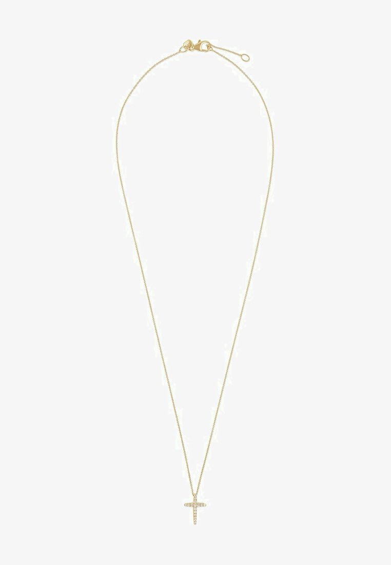 Goldene Halskette mit einer dünnen Kette und einem kleinen Kreuzanhänger, der klare Akzente aufweist. Die Kette hat einen Karabinerhaken und eine verstellbare Länge.