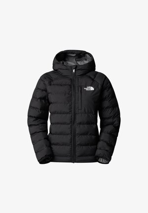 Black puffer jacket with a hood, featuring a zip front, quilted pattern, elastic cuffs, and a small logo on the left chest.