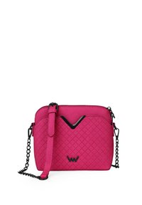 Pink quilted crossbody bag with black hardware accents. Features a detachable strap and a woven texture. Compact design with v-shaped detail.