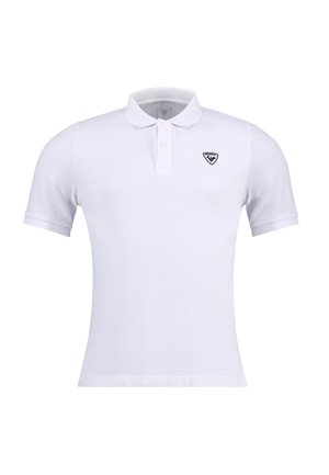 Biała koszulka polo z bawełny, z trzema guzikami, krótkimi rękawami i małym czarnym logo na lewej części klatki piersiowej.