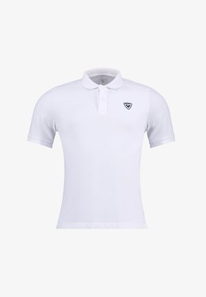 Biała koszulka polo z bawełny, z trzema guzikami, krótkimi rękawami i małym czarnym logo na lewej części klatki piersiowej.
