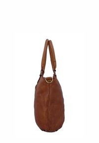 Sac à bandoulière en cuir marron souple avec base arrondie, doubles poignées et détail d'anneau métallique doré près de l'ouverture supérieure.