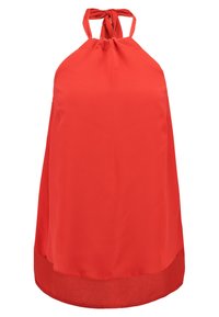 Rode haltertop van gladde stof, met een geraffineerde halslijn met strikjes, een vloeiende silhouet en een doorzichtige onderrand.
