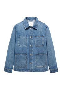 Veste en denim bleu clair avec un col évasé, fermeture à boutons et quatre poches avant avec des coutures contrastées. Manches longues.