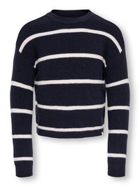 Suéter de punto azul marino con rayas horizontales blancas, cuello redondo y mangas largas. Tejido texturizado, diseño corto y puños acanalados.