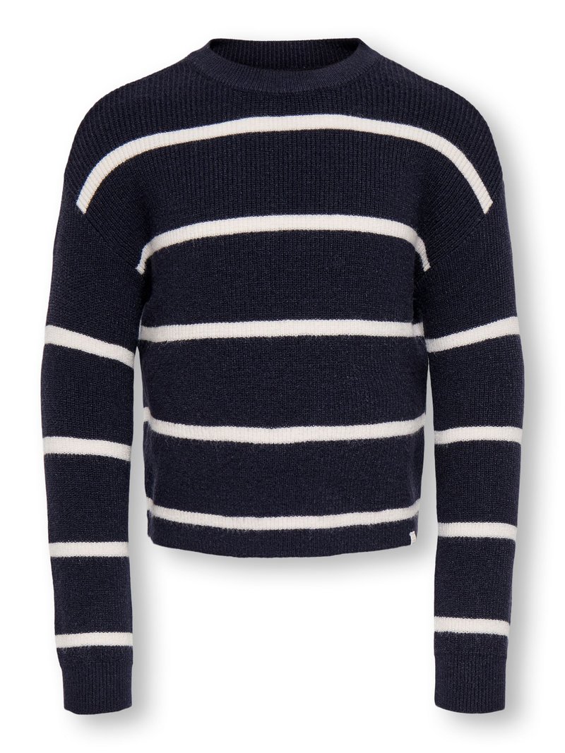 Suéter de punto azul marino con rayas horizontales blancas, cuello redondo y mangas largas. Tejido texturizado, diseño corto y puños acanalados.