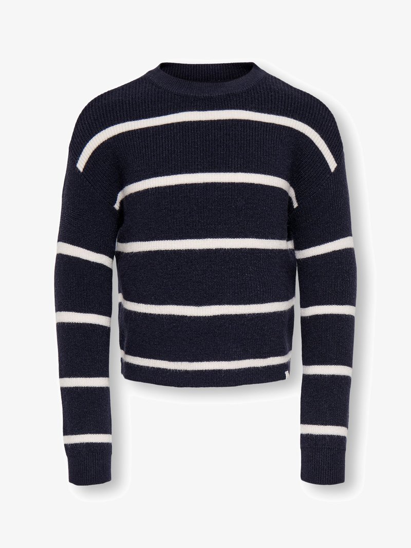 Suéter de punto azul marino con rayas horizontales blancas, cuello redondo y mangas largas. Tejido texturizado, diseño corto y puños acanalados.
