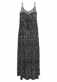 Robe noire à fines bretelles, top transparent, et détail de nœud au niveau de la poitrine, avec des motifs abstraits crème sur l'ensemble du tissu.