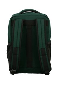 Groene en zwarte rugzak met gewatteerde schouderbanden, een versterkte bovenhandgreep en een gladde, gestructureerde stofafwerking.