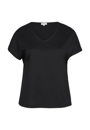 Czarna damska bluzka z krótkim rękawem i dekoltem w serek, luźnym krojem oraz małą metką marki od wewnątrz kołnierza.