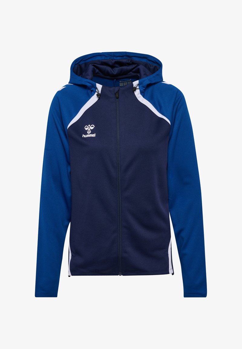 Marineblauwe rits-hoodie met een capuchon, witte accenten en een gestructureerde stof. Bevat een logo op de borst en lange mouwen.