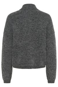 Grauer gestrickter Pullover mit hohem Kragen, langen Ärmeln, strukturiertem Material und gerippten Bündchen und Saum für eine enge Passform.