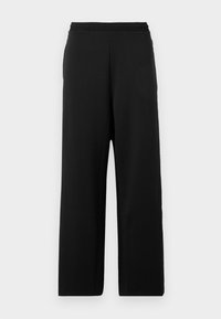 Pantaloni neri a gamba larga realizzati in tessuto morbido, con vita elastica e una superficie liscia senza motivi o dettagli.