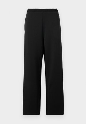 Black wide-leg trousers made of soft fabric, featuring an elastic waistband and a smooth texture with no patterns or accents.